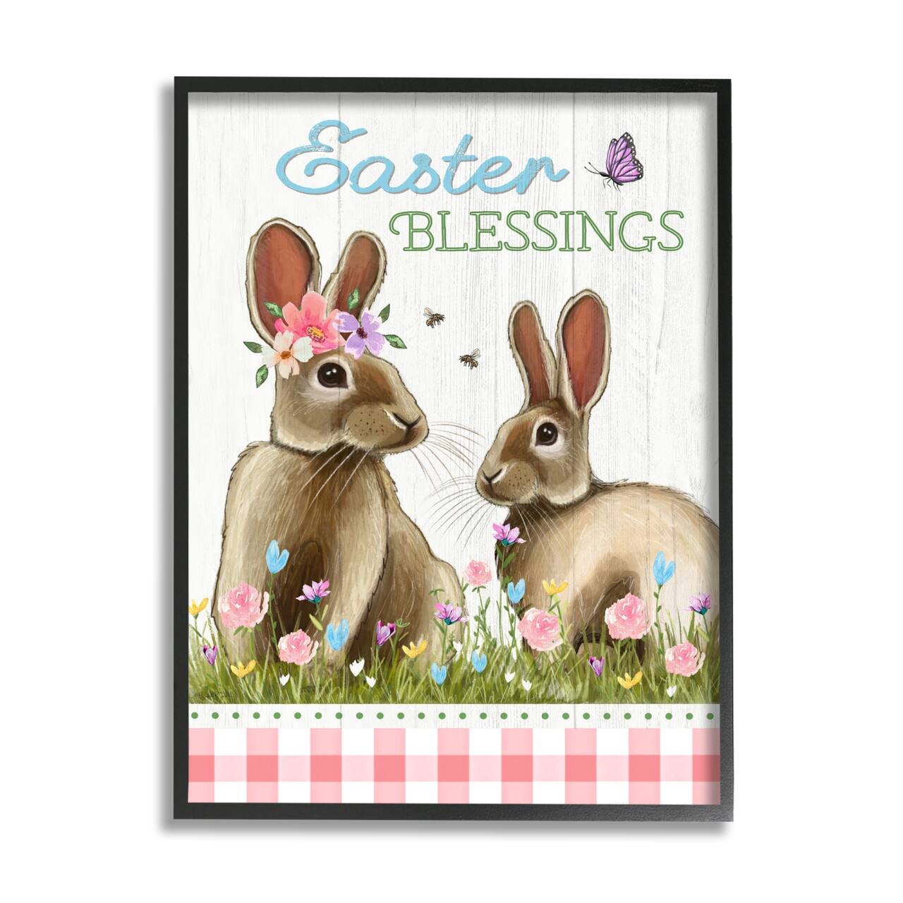 Stupell Industries Easter Blessings Gingham Spring Bunnies Framed Giclee Art